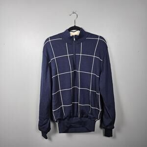 FootJoy Mens Medium Wool Knit Lined Quarter Zip Golf Pullover Navy Windowpane